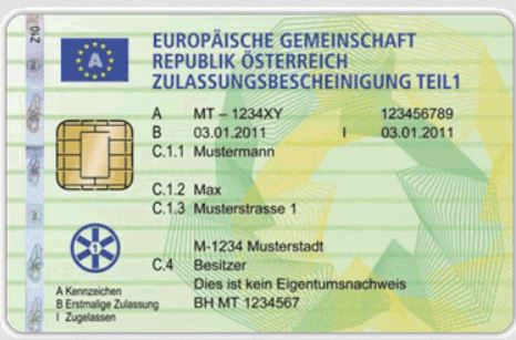 Österreich – Zulassungsbescheinigung Teil 1 (ab 2011, EC-Kartenformat) – Vorderseite