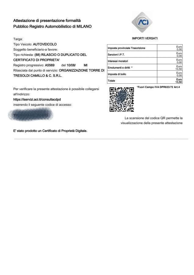 Italien – Certificato di Proprietà (CdP / CdPD) – Certificato di Proprietà (Digital / QR-Code)
